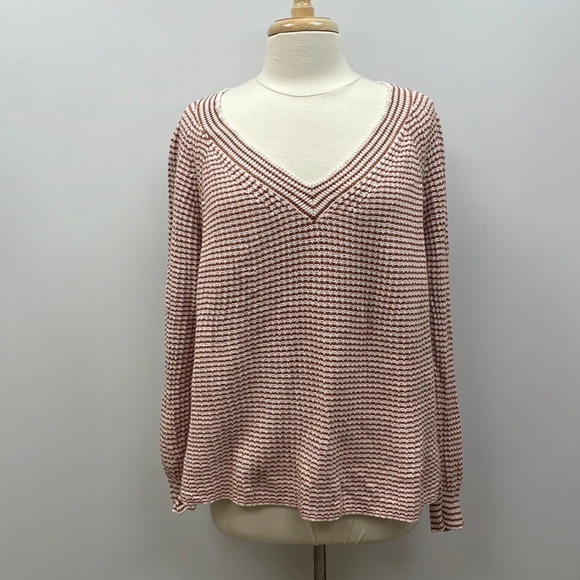 Ann Taylor LOFT Chunky Striped Knit V-Neck Oversized Sweater Orange Large - Picture 1 of 9